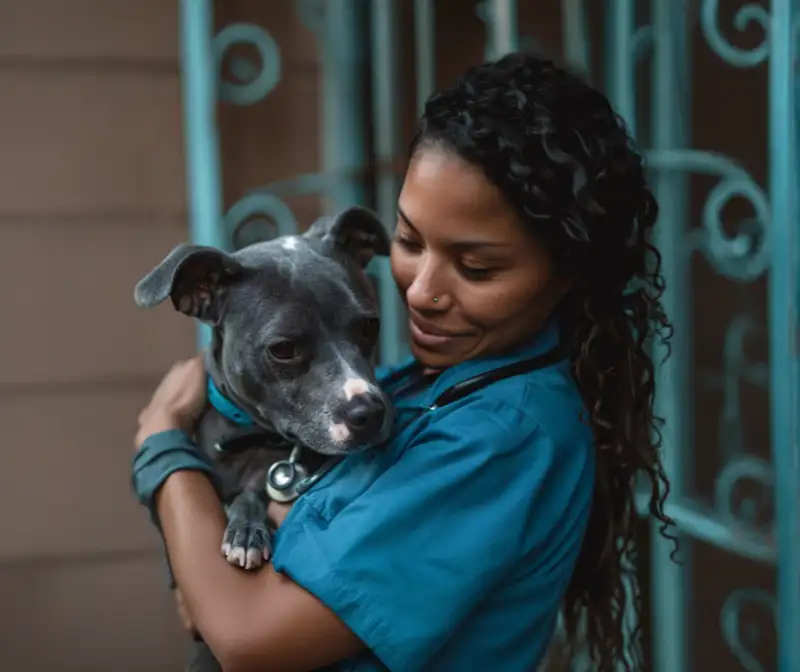 Woman with her pit mix dog at Bell Parkway Veterinary Hospital in Surprise, AZ
